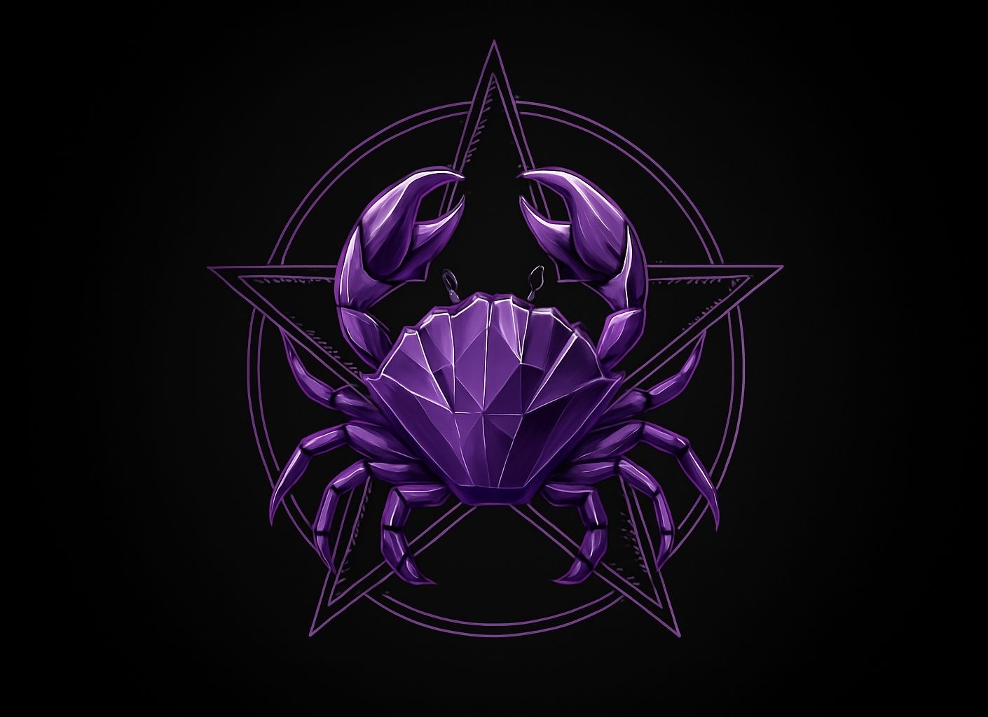 Purple Cancer zodiac crab with raised claws in front of a glowing pentagram on black background